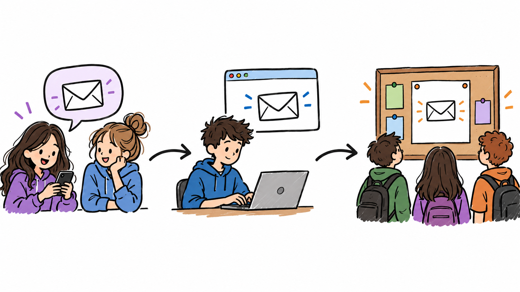 Tres situaciones comunicativas: conversación informal, correo a una profesora y aviso del centro